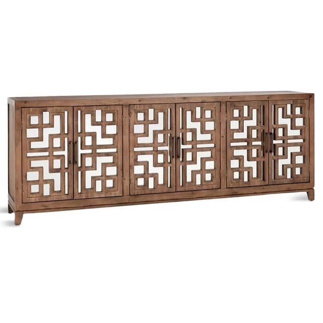 Salvaged pine wood long sideboard with six mirror lattice doors. Holes cut out in back for wire organization. Iron pulls...