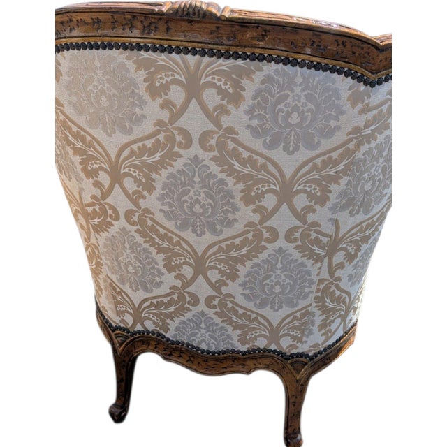 Beige Late 20th Century French Provincial Louis XV Style Carved Wingback Bergère Chair in Damask For Sale - Image 8 of 12