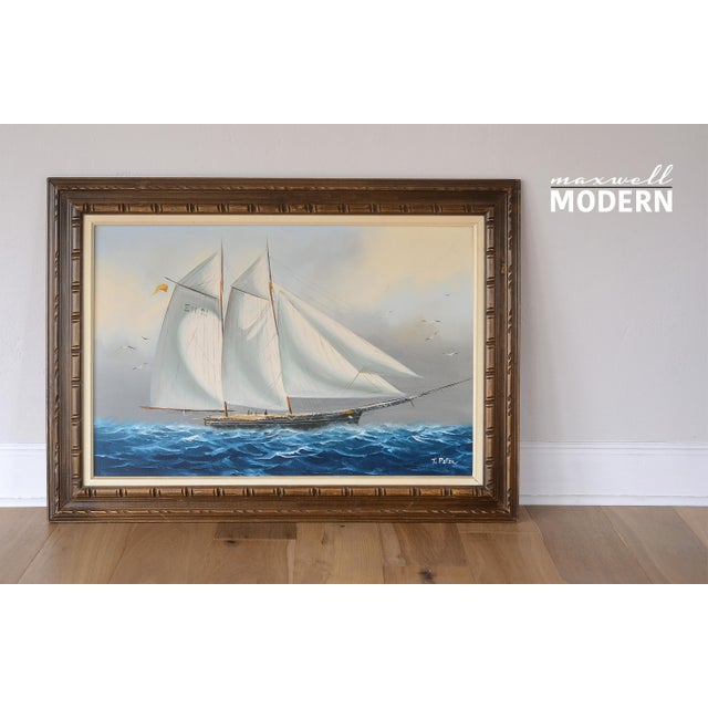 Stunning large(ish) schooner oil on canvas painting by T. Peter. Wooden frame has very nice hand-carved details. No info...