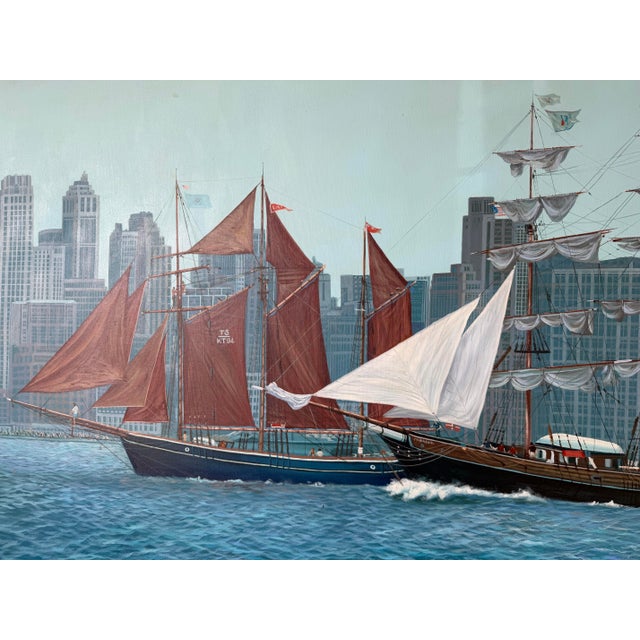 1980s Large- 1980’s Diane Kenny Maritime City Skyline Painting, Framed For Sale - Image 5 of 12