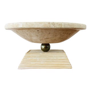 Vintage 1980s Tessellated Stone & Brass Pedestal Centerpiece Bowl Maitland Smith Style For Sale