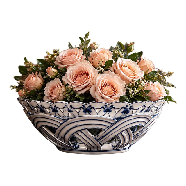 1990s Maitland-Smith Chinoiserie Blue & White Porcelain Pierced Basket Bowl For Sale