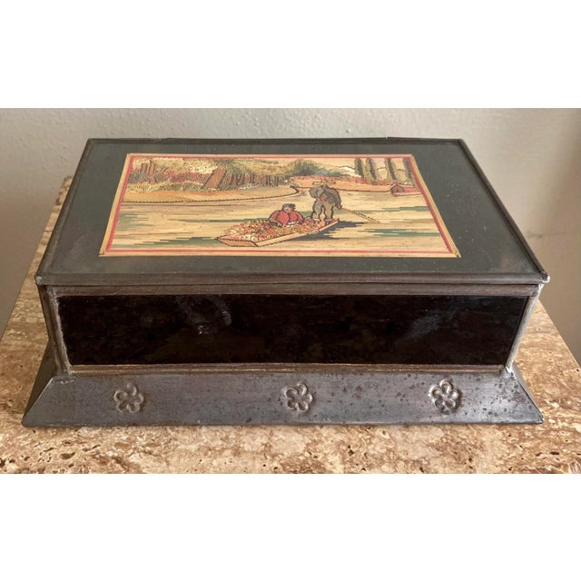 Gray Rare Vintage Mexican Tin Box With Straw Mosaic Picture For Sale - Image 8 of 8