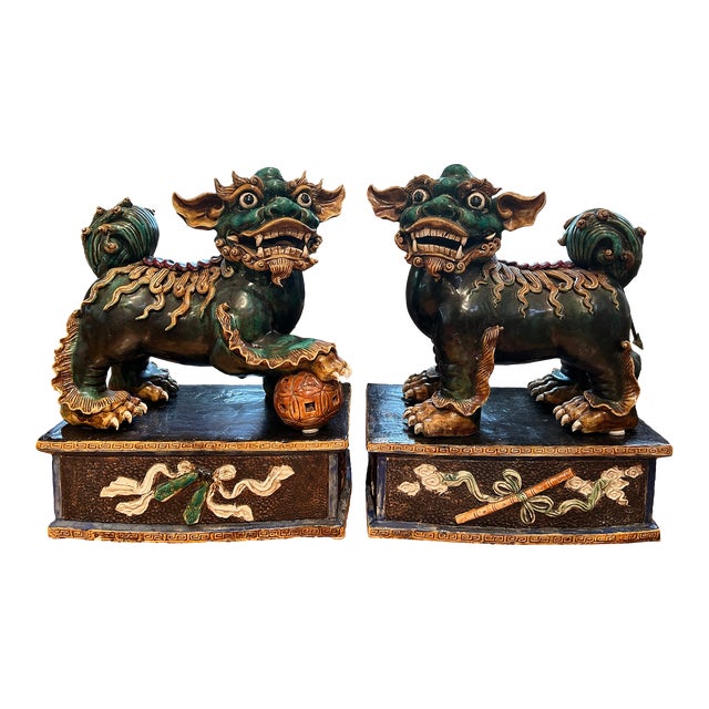 Pair of 19th Century Chinese Foo Dogs on Stands For Sale