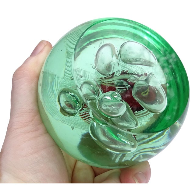 Murano Red Purple Gold Leaf Fish Large Bubbles Italian Art Glass Green Uv Reactive Paperweight, Cenedese Barbini For Sale - Image 9 of 9