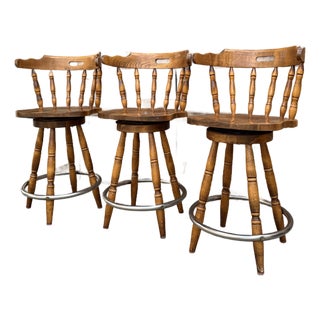 1960s Set of 3 Solid Wood Spindle Captain’s Chair Stools For Sale