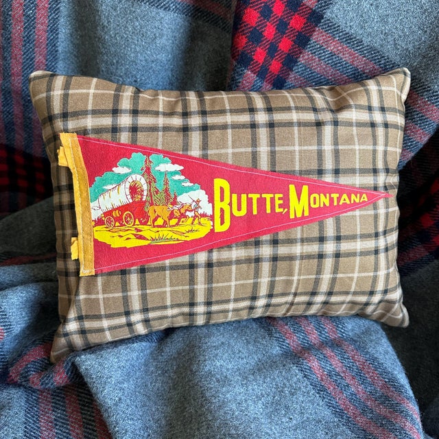 Description: Vintage Butte, Montana Pennant from around the 1960s. Unknown Date. New brown plaid woven cotton fabric used...