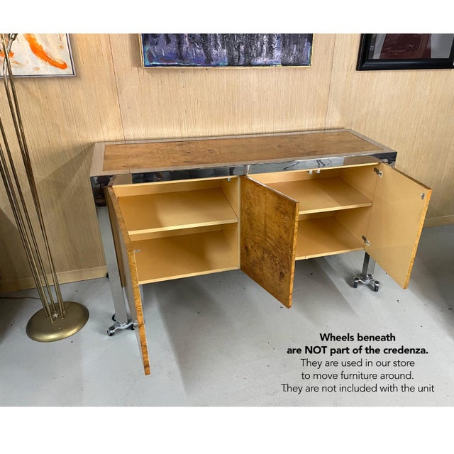 Wood Restored 1970s Pace Collection Burl Wood and Chrome Credenza For Sale - Image 7 of 18