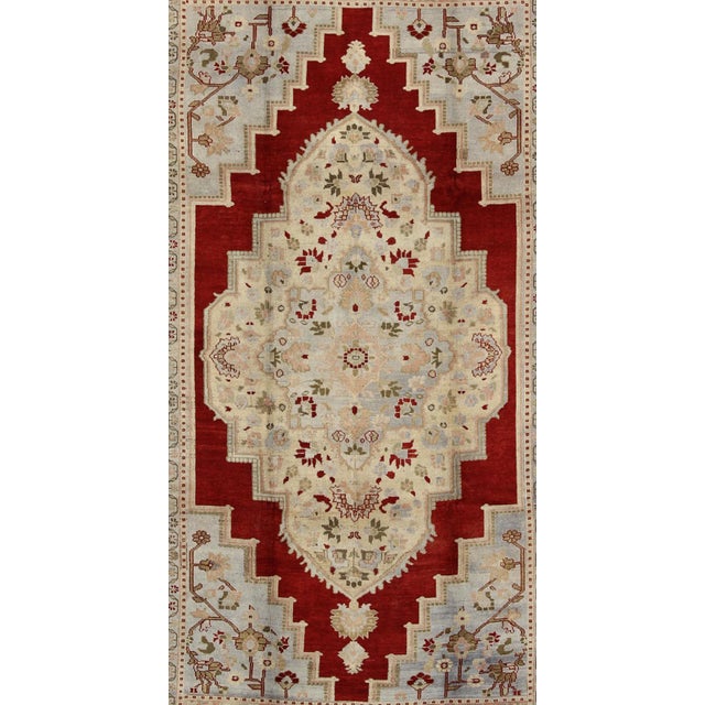 Measures: 6'1 x 10'7. Vintage Turkish Oushak Rug with Rich Red, Soft Blue, and Cream Tones. Keivan Woven Arts / rug TU-...