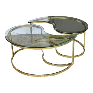 1980s Vintage Brass Plated Base Glass Top Coffee Table Ying Yang - 2 Pieces For Sale