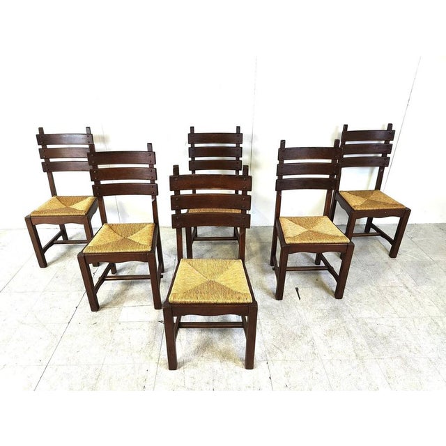 Vintage Brutalist Oak and Wicker Dining Chairs, 1960s, Set of 6 For Sale - Image 11 of 12