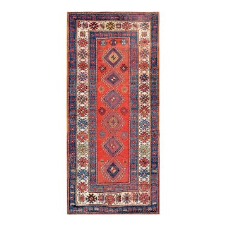 1900s Red Medallion Antique Caucasian Kazak Rug 4'4" X 9'0" Handknotted Wool Carpet For Sale