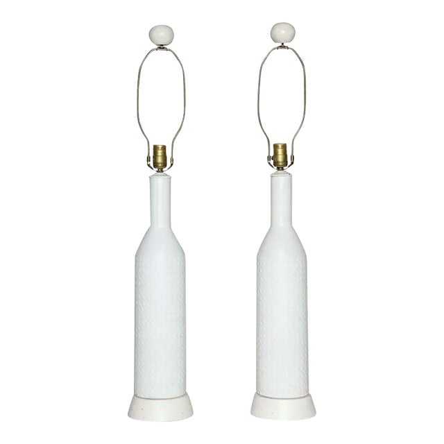 1960s Ak Kag Switzerland White Drip Dot Ceramic Table Lamps - a Pair For Sale