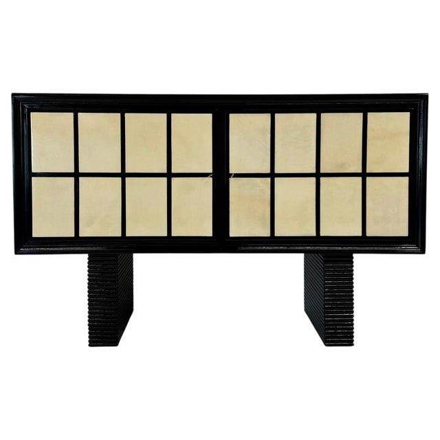 Italian Art Deco Sideboard in Parchment with Black Lacquer and Blue Mirror, 1940s For Sale - Image 18 of 18