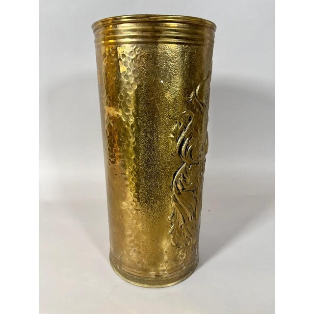 Mid 20th Century Vintage Embossed Brass Umbrella Stand With Heraldic Bird & Foliate Motif For Sale - Image 5 of 8