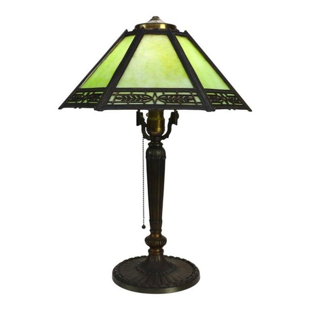 Arts & Crafts Pittsburg 8-Panel Slag Glass Table Lamp Signed C1920 For Sale - Image 9 of 10