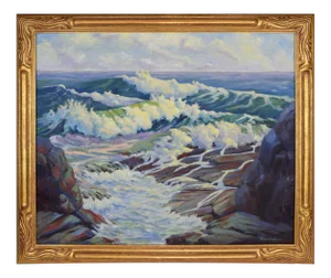 Vintage Cape Ann Rockport Plein Air Seascape Oil on Canvas "Halibut Rock" by Weitsma, Framed