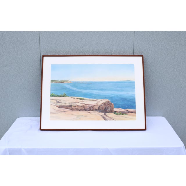 Fabulous 1986 Hannah Ferenbach one-of-a-kind framed rocky coastal seascape watercolor painting on paper. Signed and dated...