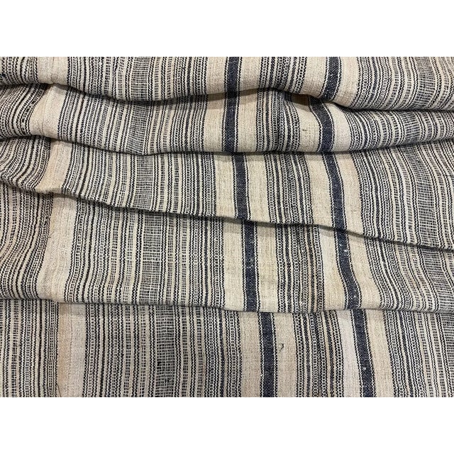 Vintage French linen fabric fragment of stripes panels in linen and dark navy colors. perfect for pillows of a small...