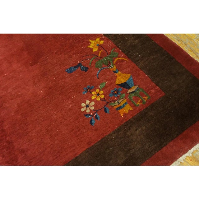 Textile 1920s Red Burgundy Floral Antique Chinese Art Deco Carpet 8' X 9'9" Knotted Wool Rug For Sale - Image 7 of 9