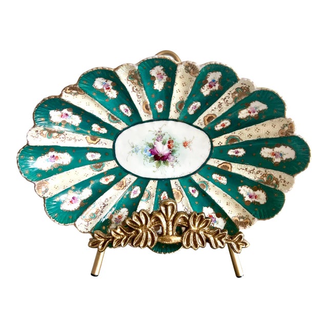 Antique Hand-Painted Limoges-Style Floral Plate With Emerald & Cream Panels, Raised Gilt Detail – France, Circa 1880s 13” For Sale