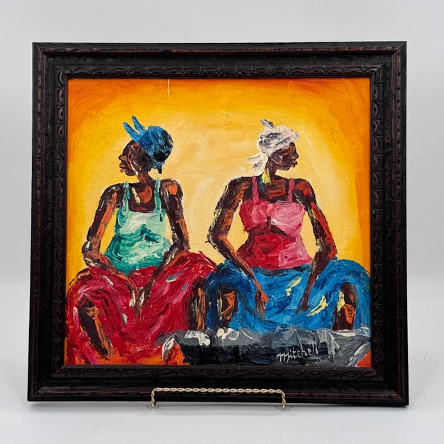 Blue Vintage Modern Expressionist Figural Painting of Two Women in Carved Frame - Signed “Mitchell.” For Sale - Image 8 of 12