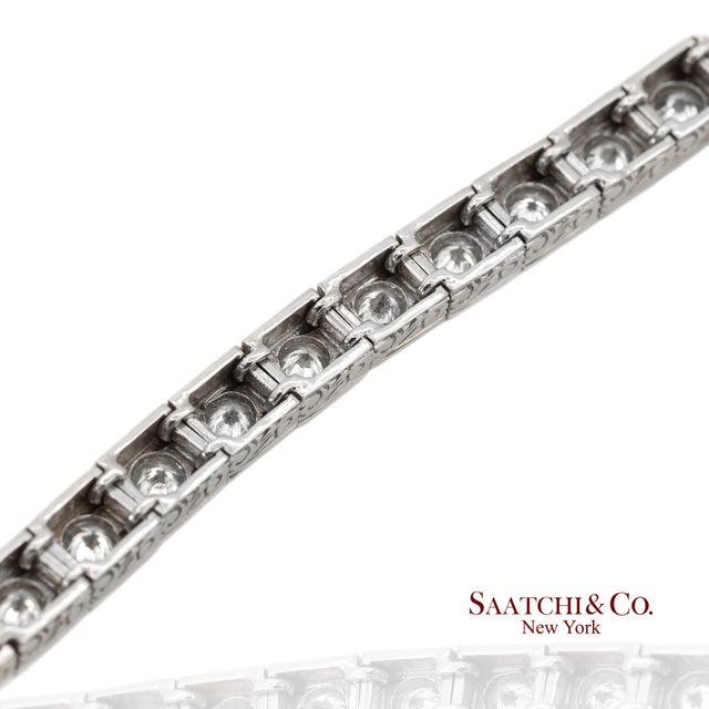 Silver Vintage 18k 750 White Gold Natural Diamond Engraved & Milgrain Tennis Bracelet For Sale - Image 8 of 13