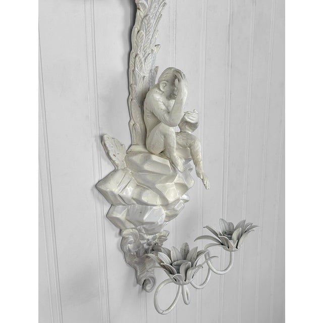 White Vintage Florida Regency White Lacquered Palm Tree & Monkey Candle Wall Sconce For Sale - Image 8 of 11