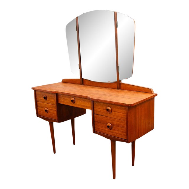 Mid Century Danish Modern Vanity Chest Dresser Teak Adjustable Mirror 5 Drawers For Sale