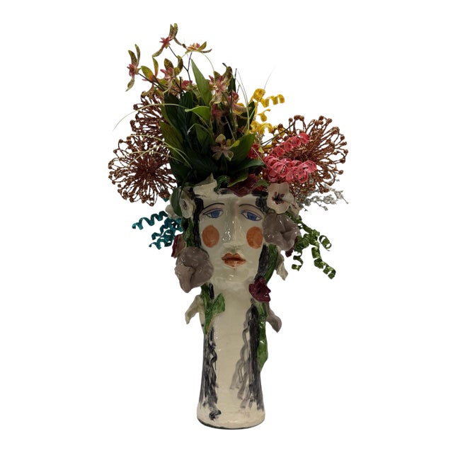 Whimsical Artisan Avant-Garde Hand-Painted Ceramic Head Vase With Floral Crown For Sale