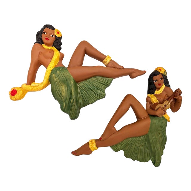 1980s Hawaiian Art Pottery Nude Pin-Up Yellow Hula Girl Wall Sculpture, Pair For Sale