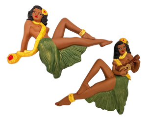 1980s Hawaiian Art Pottery Nude Pin-Up Yellow Hula Girl Wall Sculpture, Pair