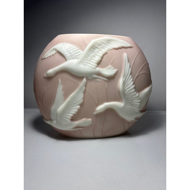 French Stunning Phoenix Glass Flying Geese Cameo Vase Raised Relief Geese Flying White Pink Art Deco For Sale - Image 3 of 9