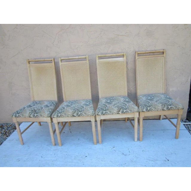1980s Hollywood Regency Faux Bamboo Dining Four Chairs with Cane Backs - Set of 4 For Sale - Image 4 of 11