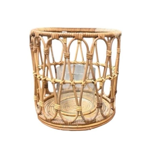 Vintage Woven Rattan & Glass Hurricane Candle Holder For Sale - Image 4 of 12