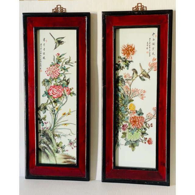 Asian 1900s Antique Chinese Qing Dynasty Porcelain Plaques Screen, Framed - Set of 2 For Sale - Image 3 of 9