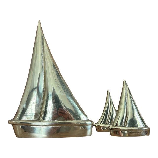 Vintage Brass Nautical Sailboat Wall Sculptures – Set of 2 Pieces | Coastal Americana Wall Decor For Sale