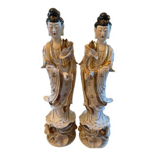 Vintage Porcelain Guanyin Statues - Quan Yin Gold Gilt L 18" Pair C1915 Rare For Sale