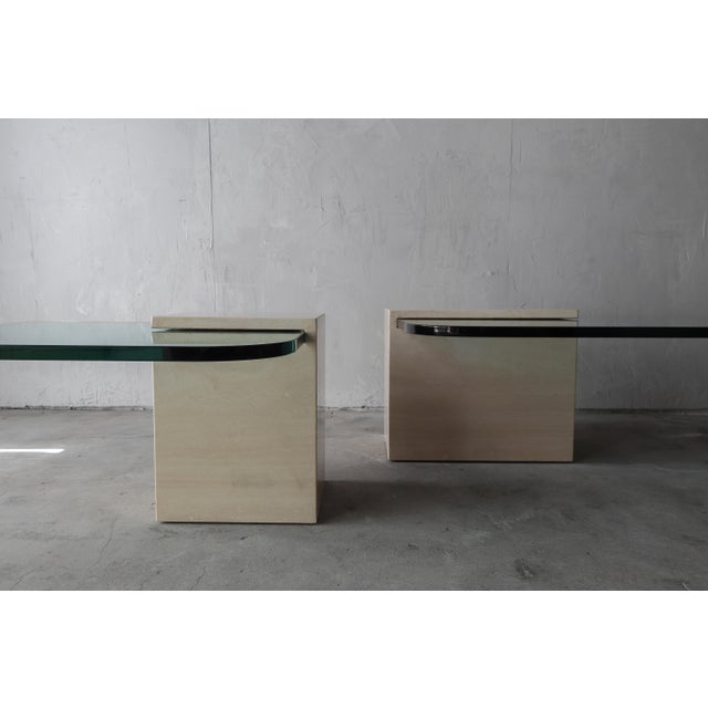 1970s Pair of Italian Travertine and Cantilevered Glass Coffee Tables For Sale - Image 5 of 11