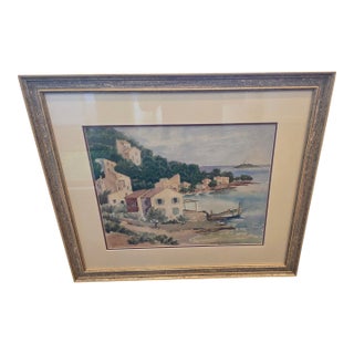Mid 20th Century signed “Hilda Van Zandt” Original Mid-Century Coastal Village Watercolor, Mediterranean Harbor Landscape, Framed For Sale