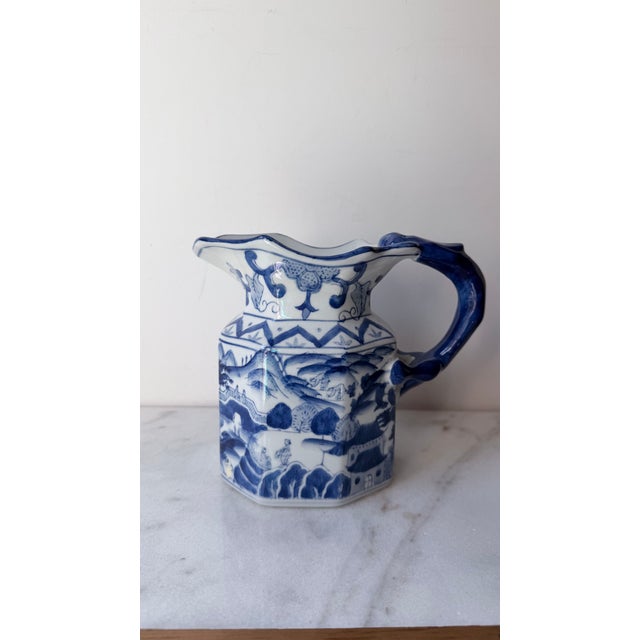 Vintage Style Chinoiserie Blue & White Octagonal Pitcher Vase - Figural Serpent Dragon Handle.. For Sale In Greensboro - Image 6 of 11
