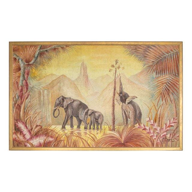 P Dupont, Elephant Family, 1960, Oil on Canvas, Framed For Sale
