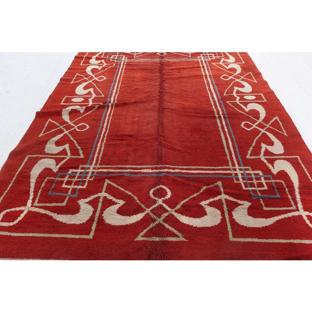Striking 1940s Vintage European Art Deco Rug in Crimson and Ivory Size: 8'0" × 11'0" (243 × 335 cm) A captivating example...