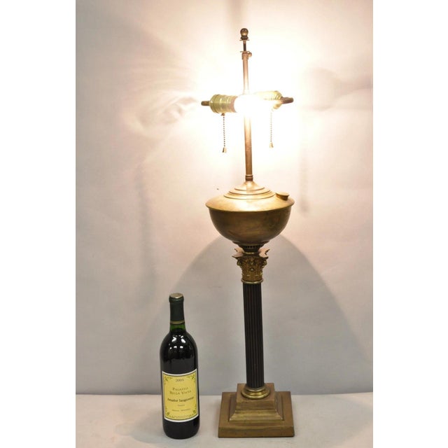 Antique French Empire Brass Converted Oil Lamp Corinthian Column Table Lamp With Mahogany Wooden Column. Circa Late 19th...