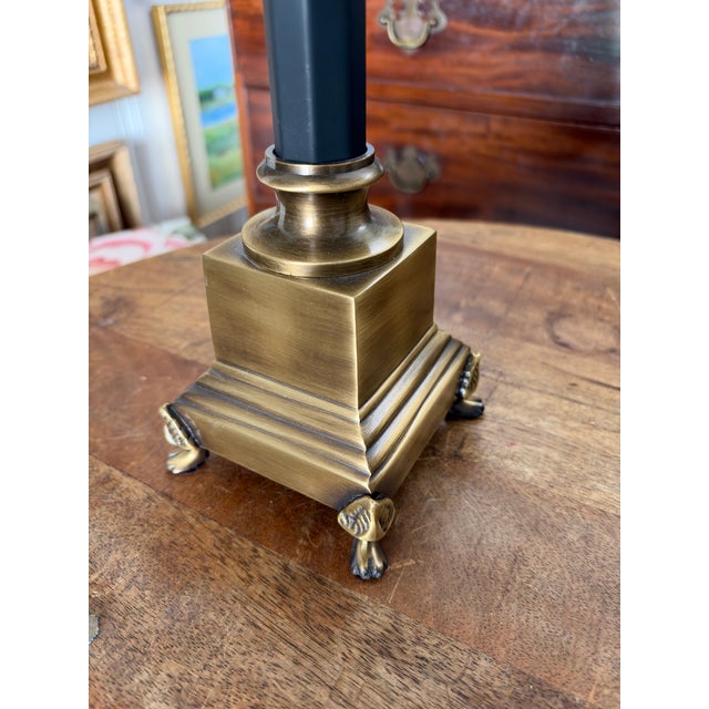 Late 20th Century Classic Aged Brass and Black Candlestick Lamps With Paw Feet and Black Parchment Shades - Pair For Sale - Image 4 of 7