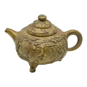 Vintage Chinese Bronze Teapot Featuring Important Mythological Figures