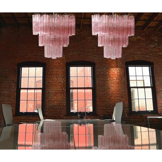 Pair of three-tier Murano glass tube chandeliers, 48 pink glasses, Mid-Century Modern Italian vintage chandelier in Murano...