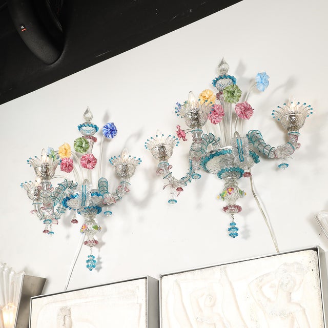 1950s Mid-Century Hand-Blown Murano 3-Arm Classical Wall Sconces - a Pair For Sale - Image 10 of 18