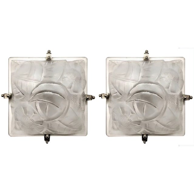 Metal French Art Deco Sconces or Flush Mounts Signed by Degue - a Pair For Sale - Image 7 of 7