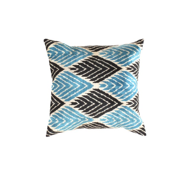 Contemporary Contemporary Blue Color Turkish Velvet Ikat Pillow For Sale - Image 3 of 3